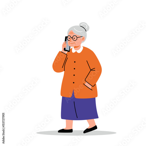 Elderly woman talking on the phone while walking in casual attire  