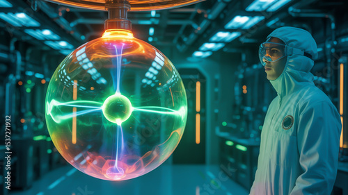 Man in lab suit observes plasma ball with colorful discharges in a futuristic laboratory setting
