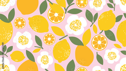 Illustration of a repeating pattern with lemons, orange slices, white flowers, and green leaves on pink