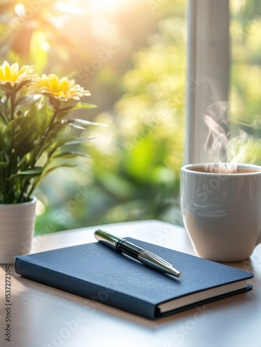 Notebook pen coffee sunlight table morning work office home relaxation peaceful calm productivity journal writing note drink hot plant floral background image desk day still life indoor light warm