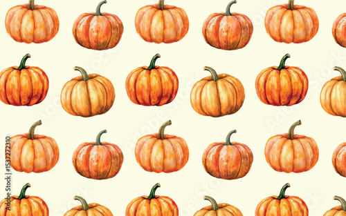 Autumn pattern with orange pumpkins. Watercolor background with pumpkins. Elements for autumn designs, Thanksgiving, Halloween, Harvest Festival, etc.