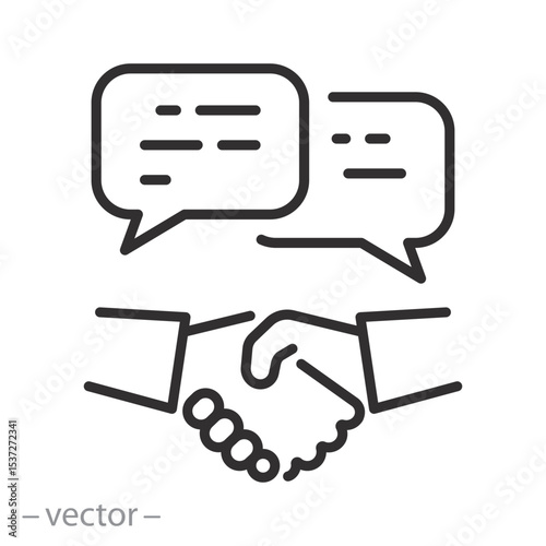 negotiation icon, business dialogue, approvals, deal thin line symbol on white background, editable stroke vector illustration eps10
