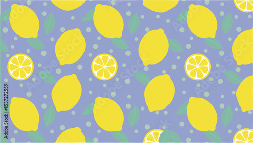 Seamless pattern featuring lemons, lemon slices, green leaves, and light blue dots on a light blue background