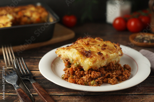 A shepherd's pie, freshly backed and ready to be served. Traditional English dish