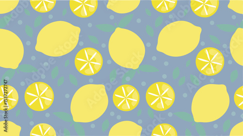 Seamless pattern featuring whole lemons and lemon slices scattered on a light blue background with leaves