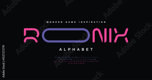 Ronix: A rounded modern font with pop-futuristic vibes. Perfect for colorful logos, neon branding and Gen Z designs. Includes A to Z and number. Vector illustration