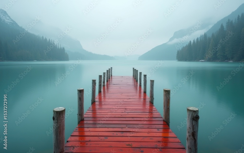 Fototapeta premium Red Wooden Dock Extending into Misty Teal Lake