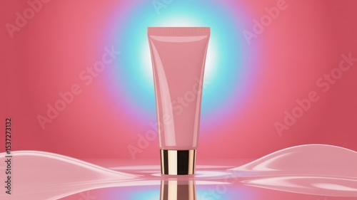 Pink cosmetic tube on abstract pink background