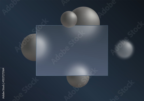 Interface with frosted glass panel and matte gray metallic spheres on a dark blue gradient background.