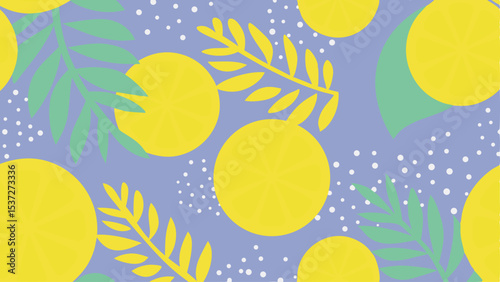 Illustration of yellow circles and leafy branches scattered on a light purple background with white dots