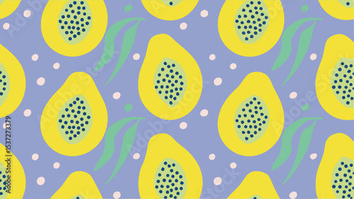Seamless pattern featuring stylized yellow papaya halves with black seeds and green leaves on a blue background