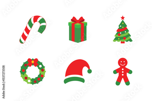 Christmas Icons Festive Holiday Symbols, Candy Cane, Gift, Tree, Wreath, Santa Hat, Gingerbread Man