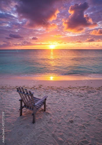 Serene Sunset on Tropical Beach with Empty Chair