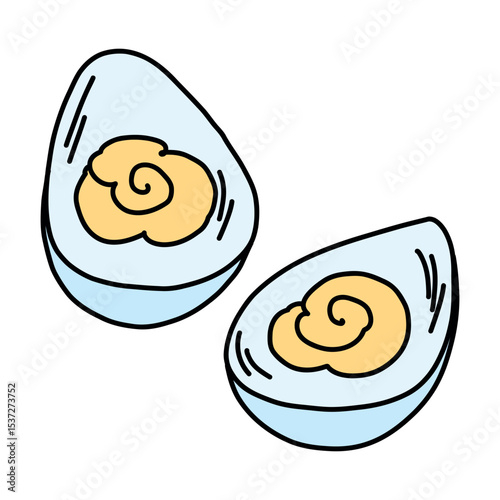 Doodle style illustration of hard boiled eggs with yolk sauce filling in the center
