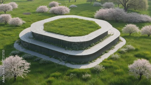 A Modern Podium Surrounded by a Spring Meadow and Grass