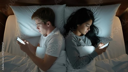 Young couple lying back to back in bed at night, engrossed in their smartphones, highlighting a growing distance and lack of communication in their relationship