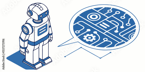 Engaging Robot Design Featuring Circuitry Thought Bubble Perfect for Tech Branding and App Icons