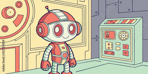 Adorable Retro Robot in a Futuristic Lab Setting, Perfect for Kids Tech or Cartoon Designs