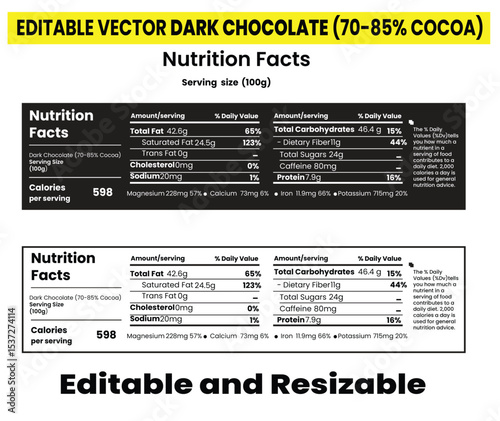 Editable Dark Chocolate Bar 100g Nutrition Facts Label – Vector Supplement Chart for Packaging and Product Design. Templates > Packaging & Labels

