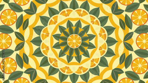 Kaleidoscopic arrangement of orange slices and green leaves on a light yellow background pattern design