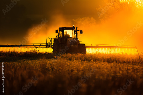 Sunset Silhouette Tractor Spraying Crops