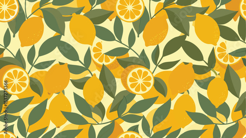 Illustration of a seamless pattern featuring lemons and green leaves on a light yellow background design style
