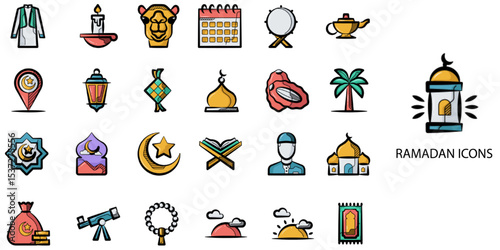 Ramadan simple concept 24 hand drawn color icons set .Vector illustration.	