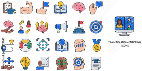 Training and Mentoring simple concept 24 hand drawn color icons set .Vector illustration.	