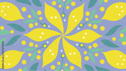 Floral pattern with yellow petals and green leaves on a light purple background with yellow dots scattered around