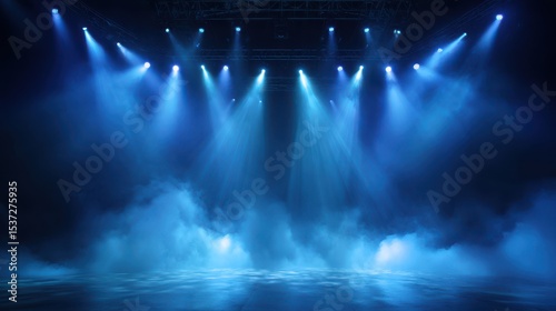 Vibrant blue stage lights illuminate a foggy scene, creating a captivating atmosphere for performances. The combination of light and fog enhances the theatrical experience during events