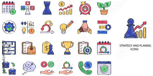 Strategy and Planning simple concept 24 hand drawn color icons set .Vector illustration.	