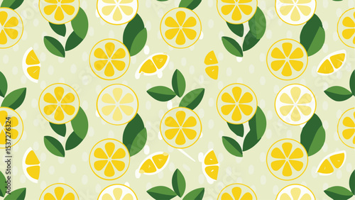 Seamless pattern featuring lemon slices and green leaves scattered on a light yellow background design
