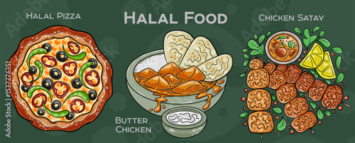 Popular Halal Cuisine Set. Hand-drawn vector illustration on a dark background.