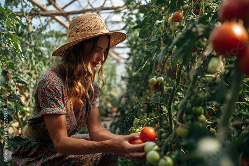 Woman Harvesting Ripe Tomatoes in Greenhouse