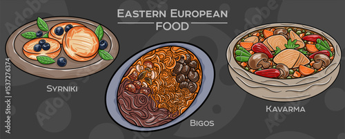 Traditional Eastern European Cuisine: Hand-drawn vector set of popular dishes on a dark background