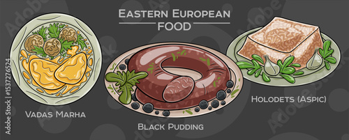 A set of popular Eastern European traditional foods. Vector illustration, hand-drawn and presented on a dark background.