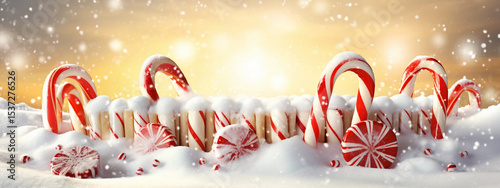 red christmas background with snowflakes, Candy Cane Forest with Christmas Lights, Candy canes in red and white set on a snowy pedestal in a winter wonderland with a snowy forest in the backdrop


