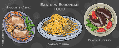 A set of popular Eastern European traditional foods. Vector illustration, hand-drawn and presented on a dark background.