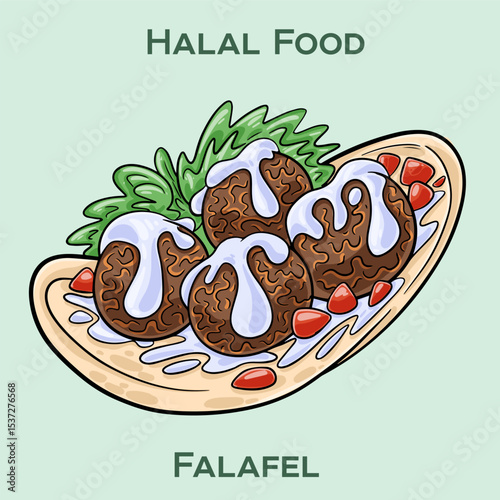 Falafel: A delicious Middle Eastern dish made of spiced, deep-fried chickpea balls, often served in pita bread with veggies and tahini sauce. Halal cuisine