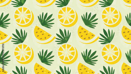 Repetitive pattern featuring lemon slices and whole lemons interspersed with green foliage on light background