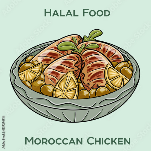 Moroccan Chicken, a delightful halal dish featuring tender chicken infused with aromatic spices, served with couscous and a side of tangy sauce