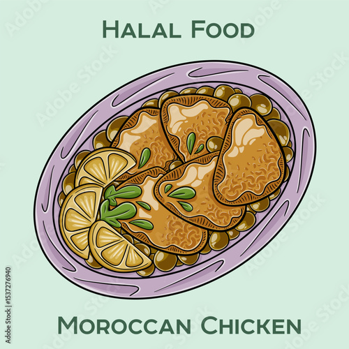 Moroccan Chicken, a delightful halal dish featuring tender chicken infused with aromatic spices, served with couscous and a side of tangy sauce