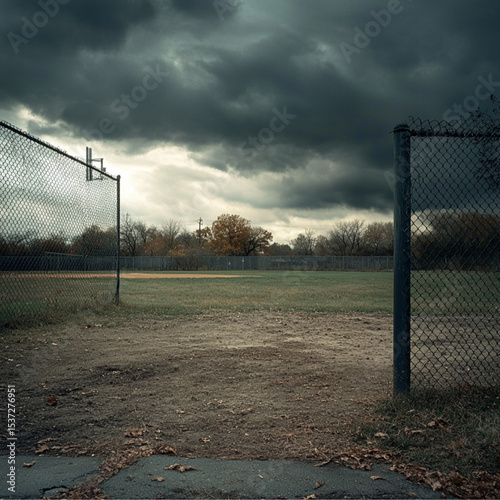 baseball field, dirt and grass, back fence, dusky day, dark clouds, moody 