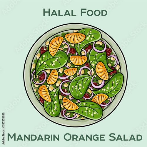 Mandarin orange salad, bursting with citrus flavors and mixed greens. This halal-friendly dish combines sweet oranges, crisp vegetables, and a tangy dressing for a delightful, healthy meal.