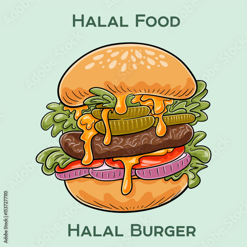 A Halal burger features a patty prepared according to Islamic dietary laws, ensuring meat is halal. Served with various toppings and sauces in a bun.