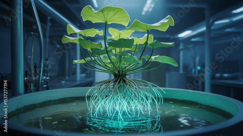 A plant with large green leaves and glowing roots growing in a water filled container indoors