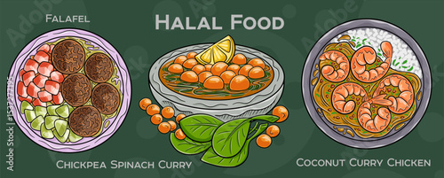 Popular Halal Cuisine Set. Hand-drawn vector illustration on a dark background.