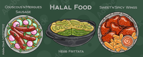 Popular Halal Cuisine Set. Hand-drawn vector illustration on a dark background.