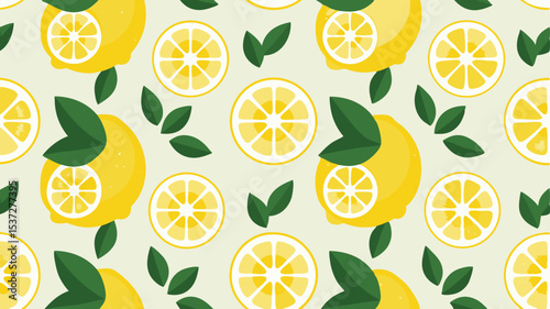 Seamless pattern featuring whole lemons, lemon slices, and green leaves scattered on a light background