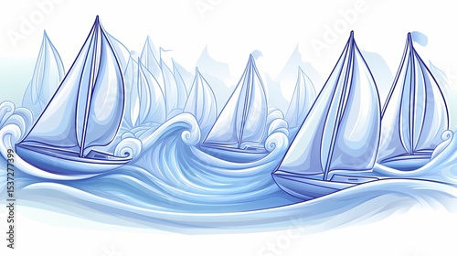 Several sailing vessels navigate a choppy sea.